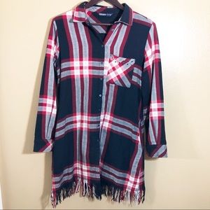 Zara Basic Plaid Shirt Dress With Fringe Bottom
